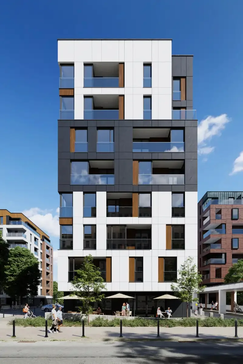 wizualizacja 3d budynku wielorodzinnego z białą fasadą oraz drewnianymi elementami
