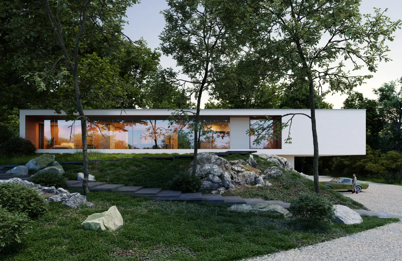 wizualizacja architektoniczna nowoczesnego domu w lesie położonego na skarpie