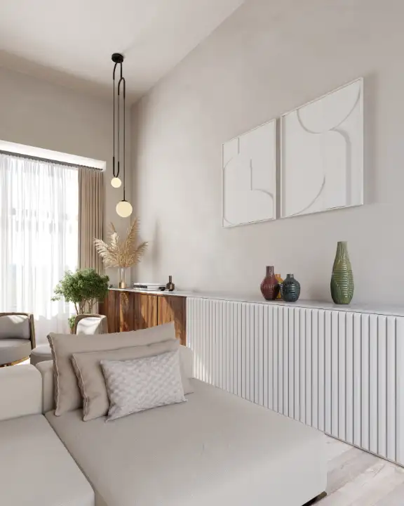 wizualizacja architektoniczna wnętrza jasnego salonu typu loft z białą sofą