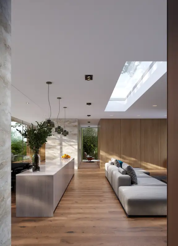 wizualizacja architektoniczna wnętrza nowoczesnego salonu z kuchnią w jasnych kolorach z dodatkiem drewna o ciepłym odcieniu