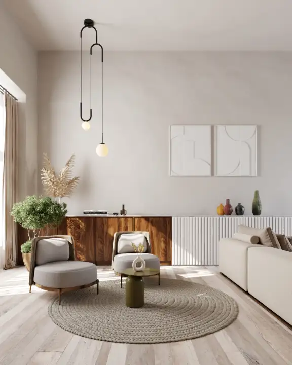 wizualizacja architektoniczna wnętrza salonu z dwoma fotelami typu loft na tle jasnej ściany