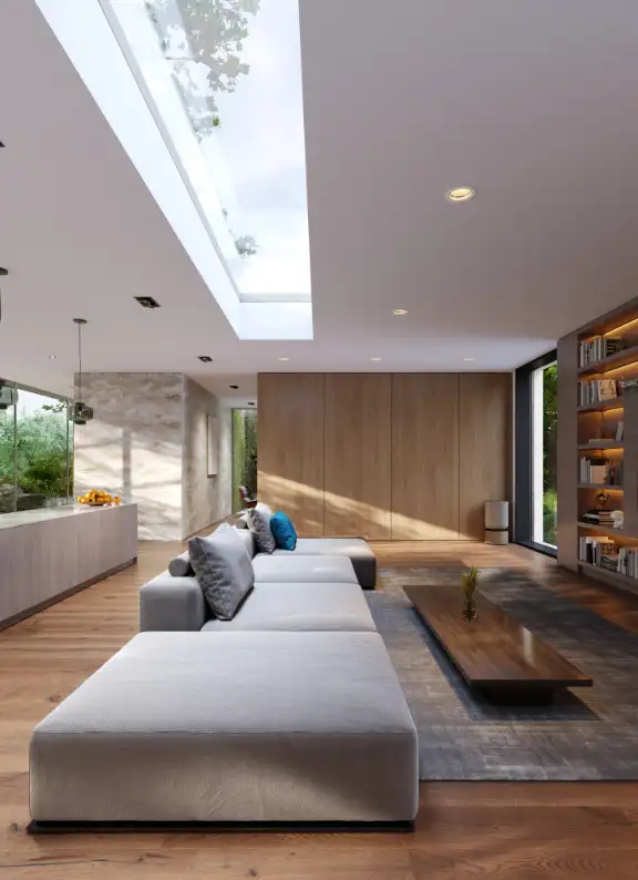 wizualizacja architektoniczna wnętrza salonu z dużą sofą z widokiem na telewizor i biblioteczkę
